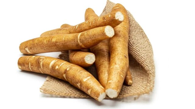 Earthy cassava roots on hessian