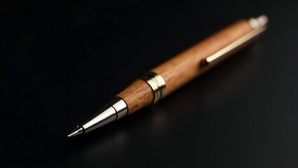 Naklejka premium A sophisticated wooden pen with gold accents rests on a black surface