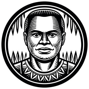 Traditional linocut style portrait of a zulu man in detailed profile