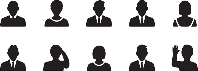 Collection of diverse silhouette people icons representing men and women isolated on white background