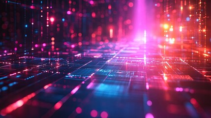 Futuristic Neon Texture Design with Glowing Digital Elements and High-Tech Grid Pattern for Abstract Background