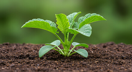 Young Green Plant Seedling Growing in Rich Fertile Soil