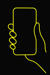 a neon-like outline of a hand holding a smartphone against a black background