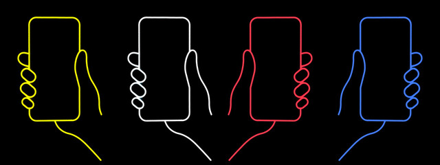 a neon-like outline of a hand holding a smartphone against a black background