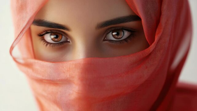 A graph of a woman's face focusing on her eyes, wearing hijab as a symbol of modesty and cultural significance.