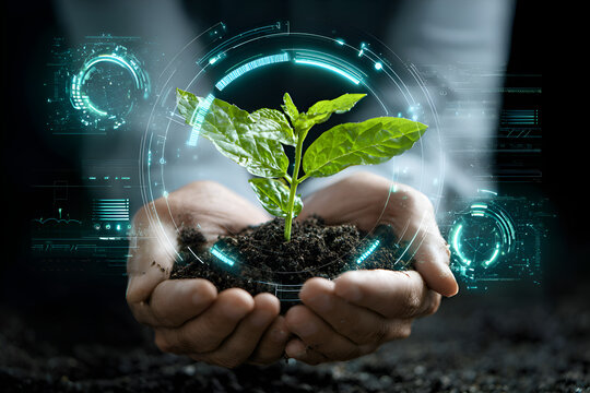 Businessman holding young plant with digital display showing growth - Powered by Adobe