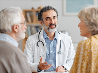 Fototapeta premium Doctor consults with elderly couple in a warm, inviting medical office discussing health concerns