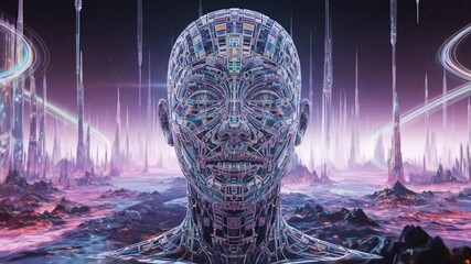 Cybernetic Humanoid Head in Alien Landscape with Crystalline Structures and Cosmic Rings - Powered by Adobe