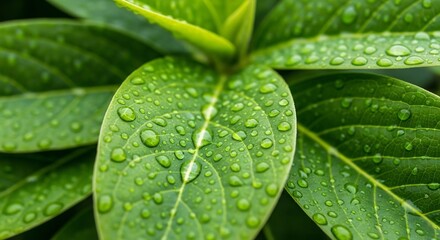 Close-up of green leaves covered in glistening water droplets after a rain shower, showcasing nature's beauty.