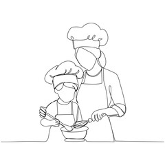 Continuous one line drawing of mother and child cooking together. Vector illustration 