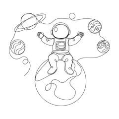 Continuous one line drawing of a little astronaut sitting on a planet. Vector illustration 