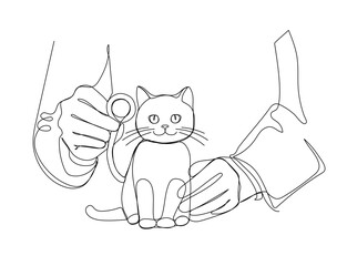 Continuous one line drawing of a veterinarian and a cat. Vector illustration 