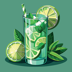 Refreshing minty green mojito cocktail in elegant glass illustration