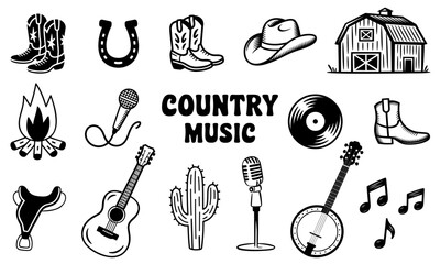Country music and Wild West, vector illustration set, isolated on white background, including cowboy boots, hat, guitar, banjo, microphone, barn, horseshoe, vinyl record