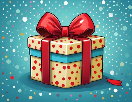 colorful gift box with red ribbon and polka dot background in a cheerful design perfect for celebrations and special occasions