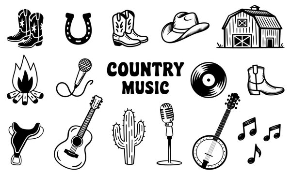 Country music and Wild West, vector illustration set, isolated on white background, including cowboy boots, hat, guitar, banjo, microphone, barn, horseshoe, vinyl record