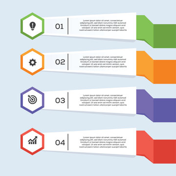Clean 4 step infographic with hexagon icons, numbered banners, and colorful highlights on light background.