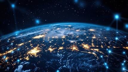 Global wireless communication concept with Earth network map, digital data transfer and connectivity technology design