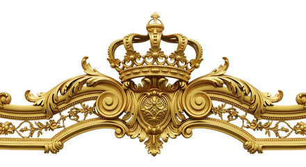 Ornate golden crown and scrollwork emblem isolated on transparent background