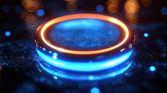 Glossy blue button icon glowing with neon light illustrating modern UI elements and digital interface design concepts