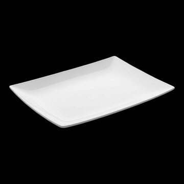 A clean white rectangular serving plate with slightly curved edges and a subtle rim isolated on transparent background