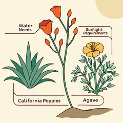 Illustration showing california poppies agave water needs and sunlight requirements for plants in a garden