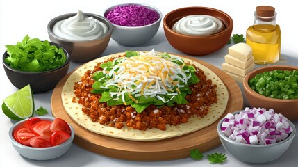 A virtual menu for a customizable taco, with topping selection visuals, white background.