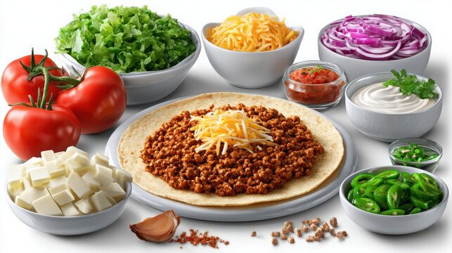 A virtual menu for a customizable taco, with topping selection visuals, white background.