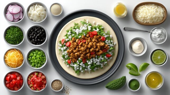 A virtual menu for a customizable taco, with topping selection visuals, white background.