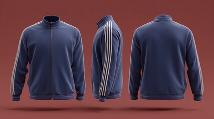retro navy tracksuit jacket mockup with white sleeve stripes , vintage sportswear and apparel presentations

