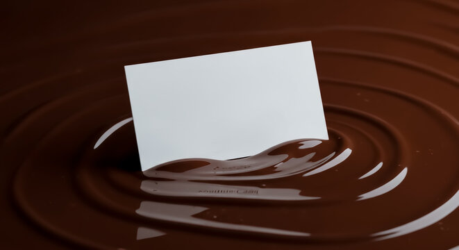 Elegant business card mockup resting on a thick layer of glossy melted chocolate. Luxurious visual, high contrast between card and background, perfect for gourmet brands and chocolatiers. no text in t