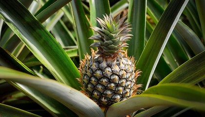 Fototapeta premium immature pineapple fruit displaying a rustic earthy texture amidst lush spiky green foliage