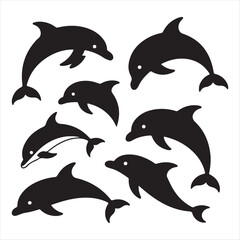 Naklejka premium Collection of black dolphin silhouettes in various poses and movements