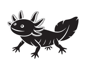 Cute cartoon axolotl with feathery gills and tail silhouette