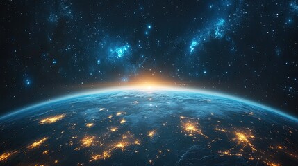 Fototapeta premium Glowing Earth in deep space with stars, illuminated global view from orbit, futuristic digital art
