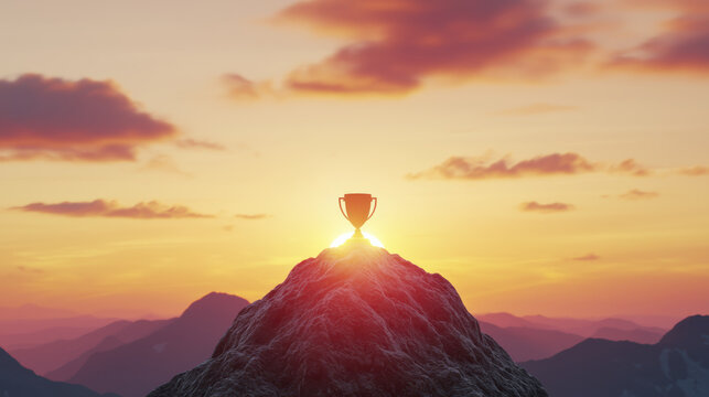 Glowing trophy atop mountain peak under vibrant sunrise symbolizing motivation and achievement