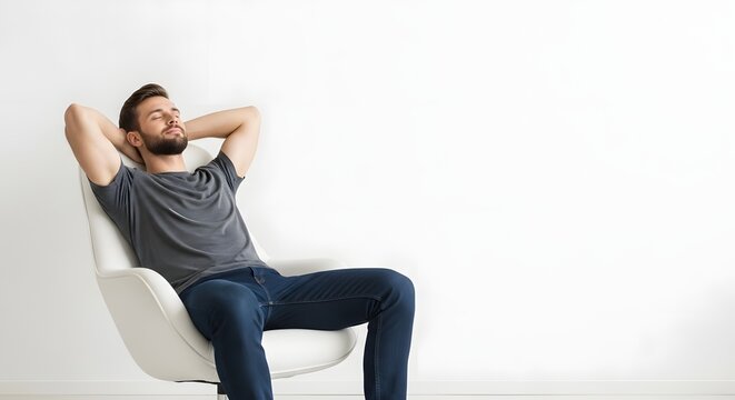 Relaxed Man Sitting Comfortably in a Modern Chair With Hands Behind His Head Enjoying a Peaceful Moment