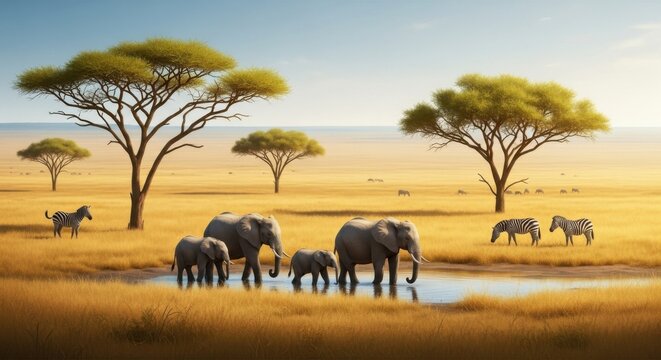 African Savanna Wildlife Herd Gathering at Waterhole
