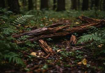Weathered Wood and Ferns After Rainfall