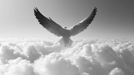 Obraz premium A bird with outstretched wings soars above a sea of clouds in a black and white sky, symbolizing freedom and serenity.