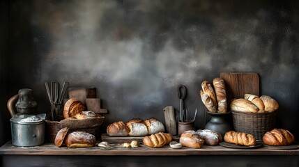 Rustic Bakery Still Life: Assortment of Freshly Baked Breads and Rolls