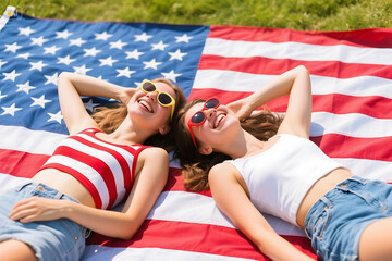 young couple on vacation
Two Happy Women Relaxing on American Flag Blanket – National Girlfriend Day Celebration