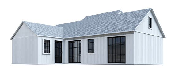 White cottage mockup with large windows. 3d illustration isolated on white