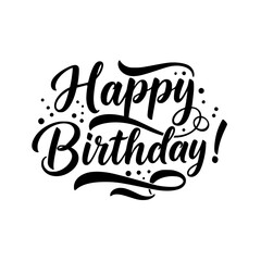 "Happy Birthday!" calligraphic text design with swirls and dots, vector image on transparent background  