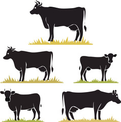 Set of farm animals including cow and calf silhouettes, vector illustrations of cattle, and other livestock icons