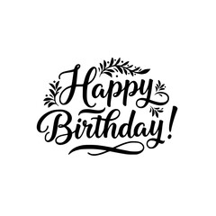 "Happy Birthday!" calligraphic text design with decorative leaves,  vector image on transparent background  