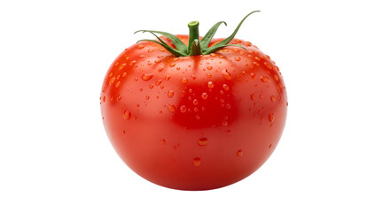 Single ripe red tomato covered in water droplets isolated on transparent background