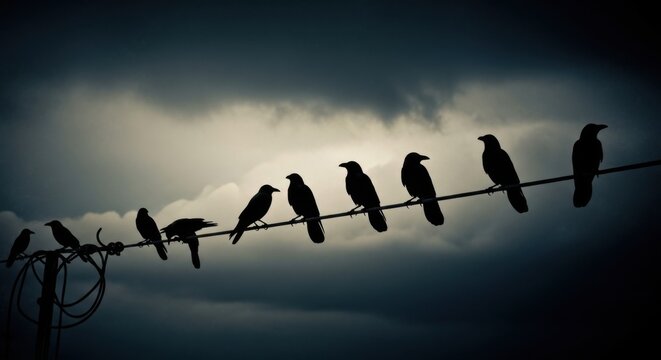 A flock of crows perched on a power line against a stormy sky