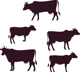 High-Quality Cow Silhouette Set Versatile Vector Illustrations of Cattle in Various Poses for Design Projects