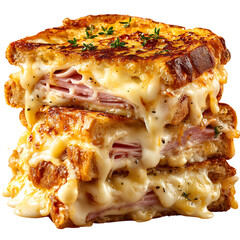 A close up shot of a stack of croque monsieur sandwiches with melted cheese and ham filling inside